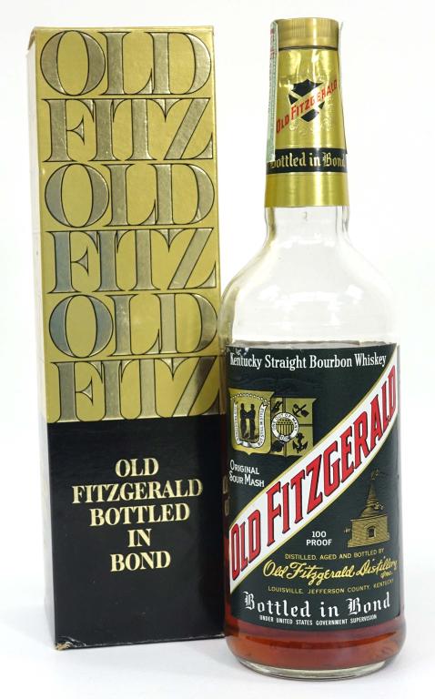 1977 Old Fitzgerald Bottled in Bond Whisky Bottle: ***IF YOU MAY NEED SHIPPING PLEASE GIVE US A CALL AT 847-625-0555 BEFORE BIDDING ON BOTTLES!*** Bottle: Old Fitzgerald Bottled in Bond in gold/ black box. 4/5 qt, 100 proof, and sealed. **Fill is belo