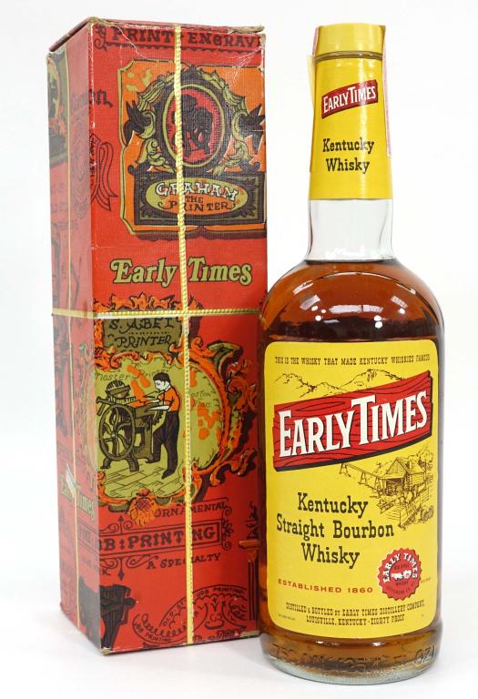 Early Times Bourbon Whisky in Box: ***IF YOU MAY NEED SHIPPING PLEASE GIVE US A CALL AT 847-625-0555 BEFORE BIDDING ON BOTTLES!*** Bottle: Early Times Bourbon Whisky in red box. 750ml, 80 proof and sealed. Tax Strip: 063642164.