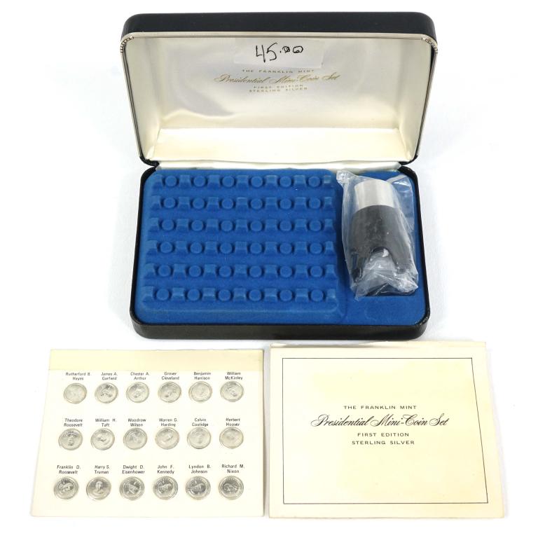 Franklin Mint Sterling Mini President Coin Set: First Edition 36 presidential mini coins - sterling silver - from the Franklin Mint. The set is sealed and brand new in its original box with magnifier. App. 35 g actual silver weight.