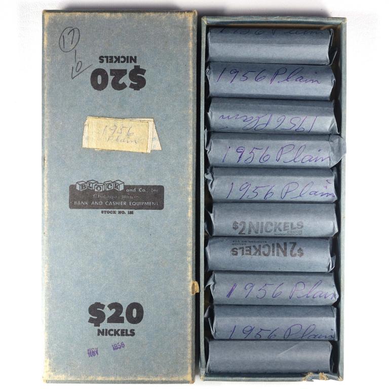 1956 Nickels in Vintage Bank Boxes: 1956 and 1956-d (as marked on the rolls - 10 rolls each) in vintage Block & Co. bank boxes. 20 rolls, total. Weight: 9.5 pounds (4.3 kg).