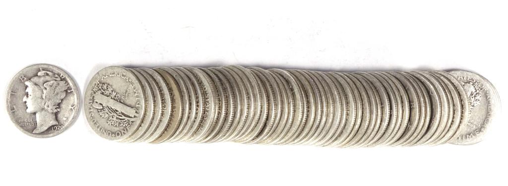 Mercury Dimes: pre-1930 (50): 50 Mercury dimes (1916-29). 90% silver.