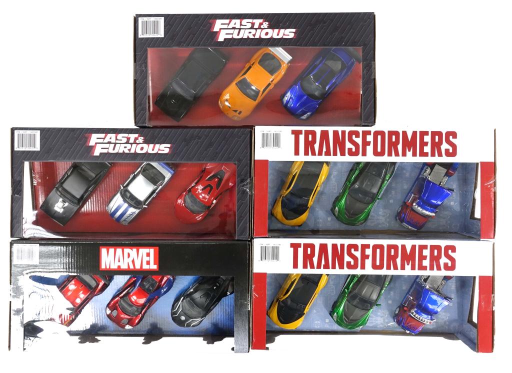 Jada Die Cast Car Sets - Fast & Furious: 5 sets x 3 cars. Fast & Furious - both sets. Transformers: The Last Knight (x2). Marvel (Iron Man/ Spider Man / Black Panther). 1:32 scale.