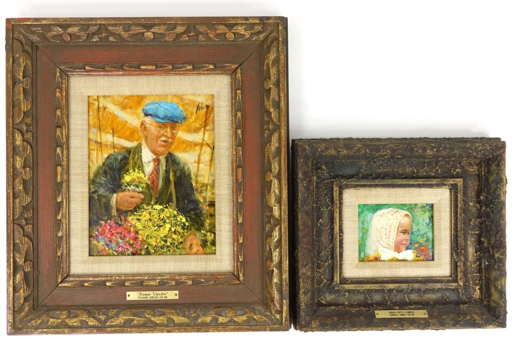 Donald & Richard Zolan Oil Paintings: Father and Son Artists Donald Zolan and Richard Zolan. 1 Donna With Flowers by Donald James Zolan; Frame Measurements: Width 12.125in, Length 11.125in; Painting Measurements: Width 4.75in, Height 3.5i
