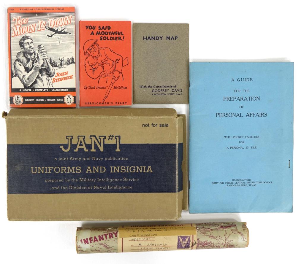 Group of WWII Books, Ephemera: Military Intelligence World Uniforms and Insignia Book, Soldiers Diary, Steinbeck "The Moon is Down for Fighting Forces", Army Airforce Personal Affairs book, and British map book, Infantry Training S
