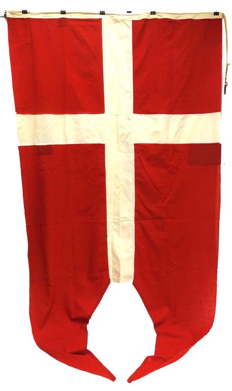 Denmark, Danish State or Naval Swallow Tail Flag: WWII era, 53" x 107". Sewn construction, some minor discoloration in the white area, and three old repairs. Stamped Bettra Flag Co., Inc. 2 lbs.