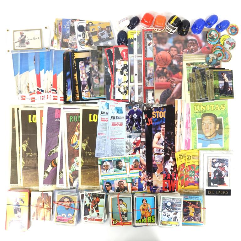 Vintage Football/Basketball/Hockey Cards: Many star cards, mostly 1970's/ early 1980's, some ABA basketball. Includes Michael Jordan cards/ Valentines, Topps pinups, mini helmets.