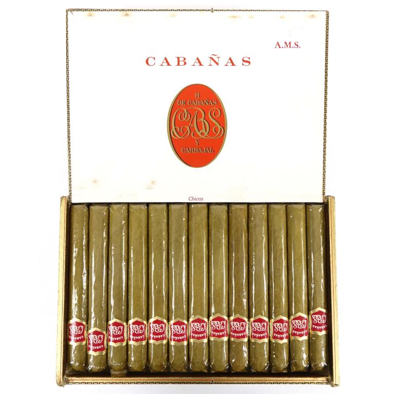 Full Box Pre-Embargo(?) Cuban Cabanas Cigars: H. De Cabanas Y Carbajal "Cabs". 25 wrapped cigars and box. No date or origin listed. Please do your own research regarding which release you believe these cigars were a part of. Please see photos.