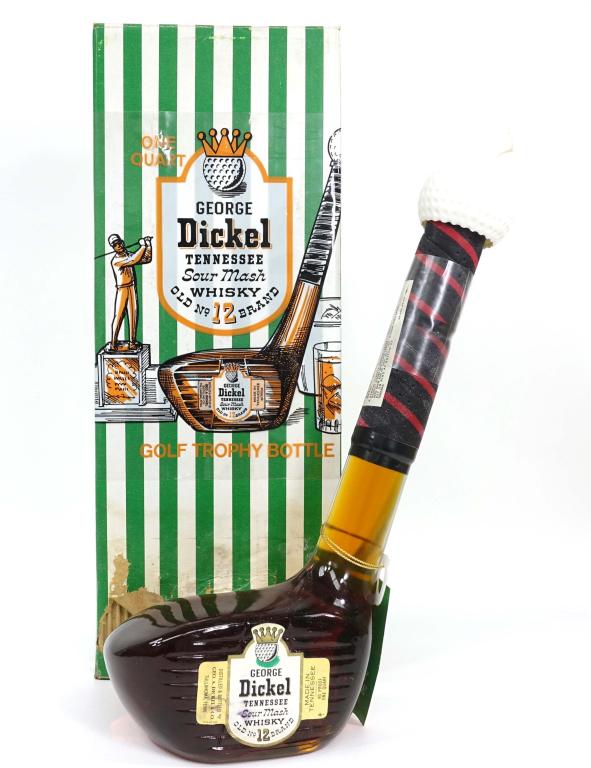 George Dickel Whisky (Golf Trophy Bottle): IF YOU MAY NEED SHIPPING YOU MUST SPEAK WITH IAN BEFORE BIDDING ON BOTTLES. 90 proof, one quart.