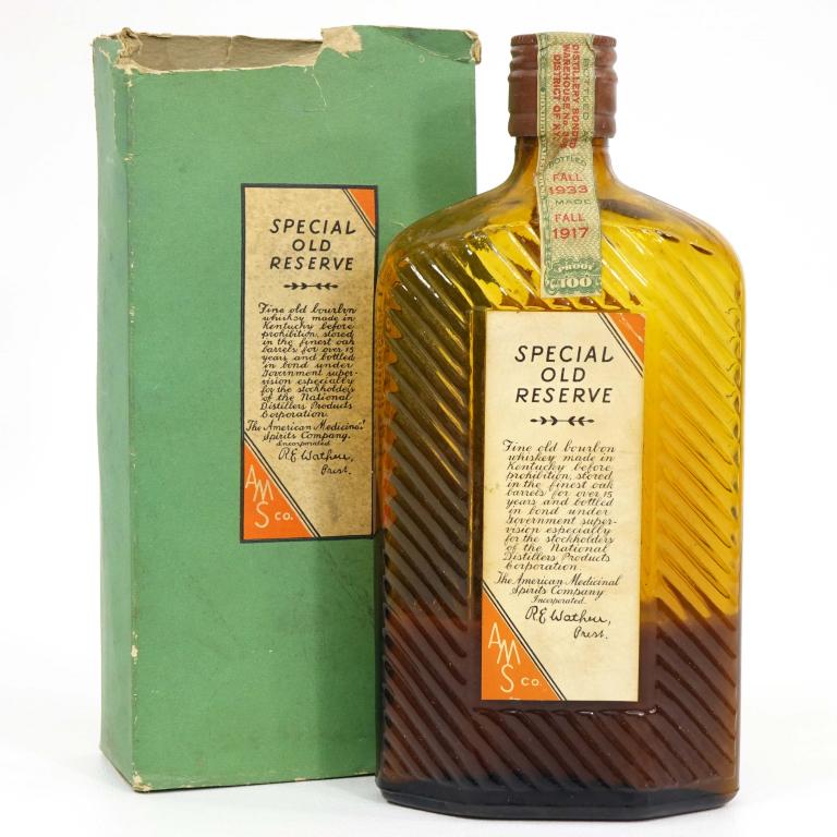1933 Special Old Reserve Bourbon Whiskey: IF YOU MAY NEED SHIPPING YOU MUST SPEAK WITH IAN BEFORE BIDDING ON BOTTLES. Pint, bottle and box. 1/4 full. 100 proof, sealed. Cloudy. Made Fall 1917, bottled Fall 1933.
