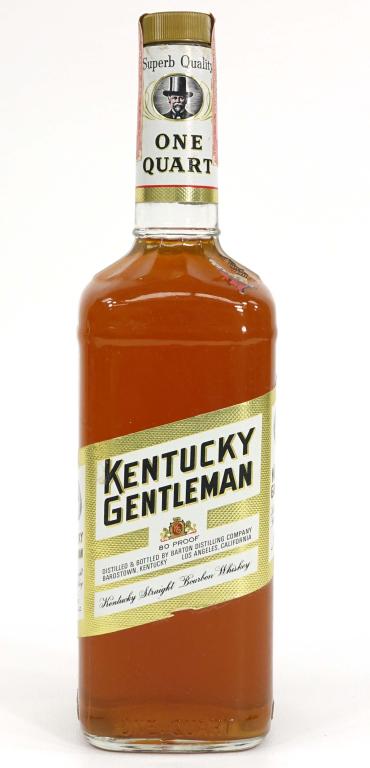 Kentucky Gentleman Whiskey Bottle: IF YOU MAY NEED SHIPPING YOU MUST SPEAK WITH IAN BEFORE BIDDING ON BOTTLES. Kentucky Straight Bourbon Whiskey. 4 year. Barton Distilling Co. 80 proof, sealed, great fill.