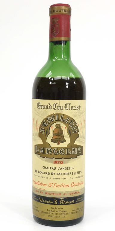 1970 Chateau L'Angelus: IF YOU MAY NEED SHIPPING YOU MUST SPEAK WITH IAN BEFORE BIDDING ON BOTTLES. Red Wine St. Emilion L'Angelus. Sealed 3/4 quart.