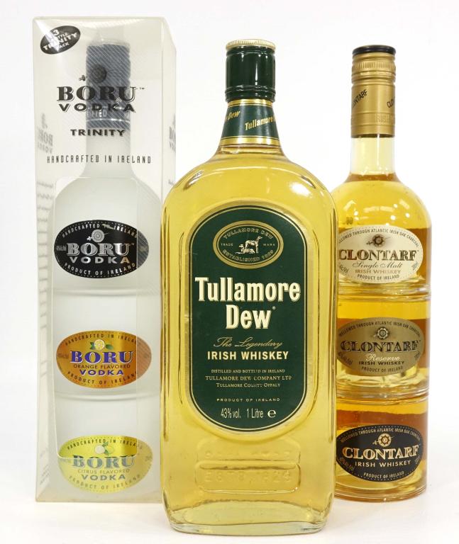 3 Bottle Lot: IF YOU MAY NEED SHIPPING YOU MUST SPEAK WITH IAN BEFORE BIDDING ON BOTTLES. Boru Vodka with box, includes orange and citrus flavored vodka. Clontarf Irish Whisky bottle, includes: Single Malt Irish Wh