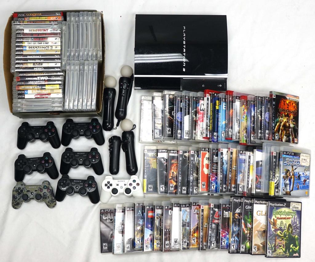 Playstation 3 (With 50+ Games & Controllers!): Playstation 3 (With 50+ Games & Controllers!). Includes over (50+) games as well as (7) controllers. However it seems to be missing some cables needed to power the system.