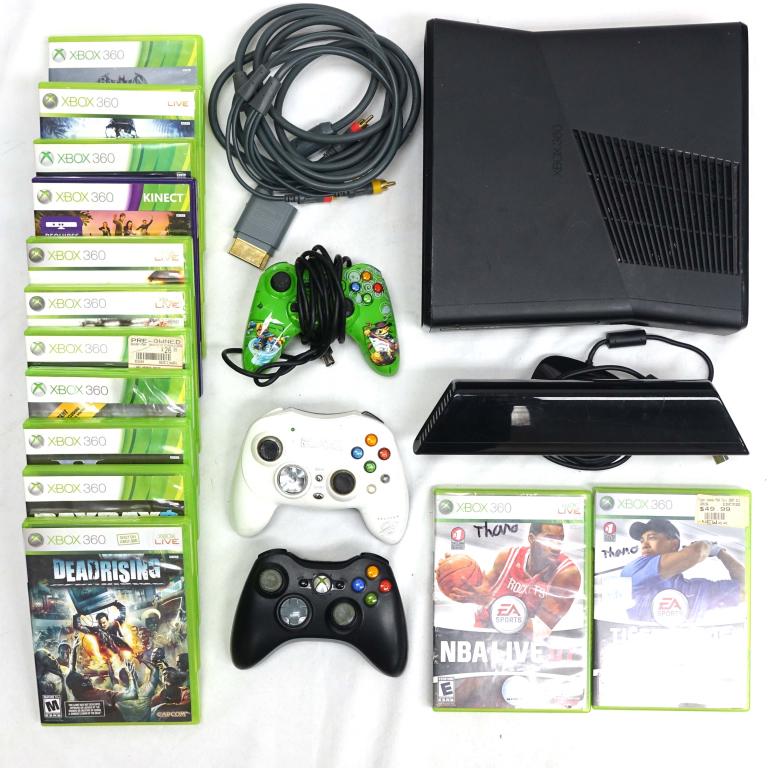 Xbox 360 (With Games & Accessories!): Xbox 360 (With Games & Accessories!). Includes (10+) games, (2) controllers, as well as Kinect. However it seems to be missing some of the cables needed to power the system.
