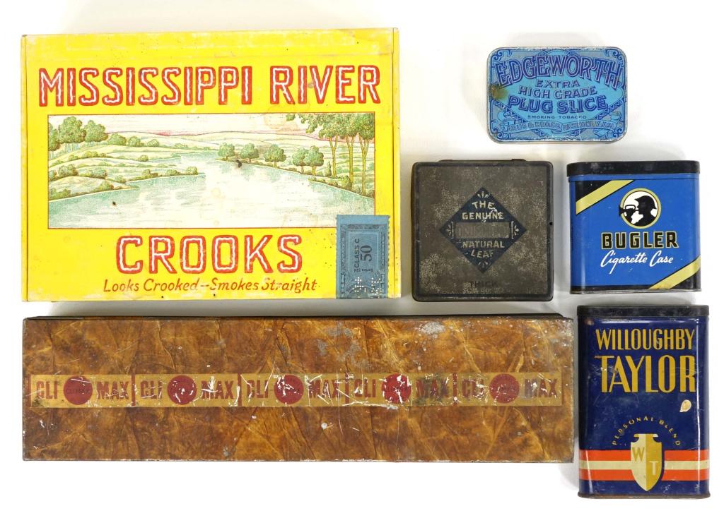 Vintage Cigar & Cigarette Cases (6): Mississippi River Crooks Cigar Box, Cream of the Barley Crop Cigarette Case - tin. Tins: Willoughby Taylor, Edgeworth Plug Slice, Bugler Cigarette case, Drummond Natural Leaf.