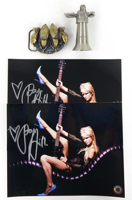 Knocking Boots Buckle, Hilton Photo & Jager Glass: 1982 Great American Belt Buckle "Knocking Boots", Paris Hilton Signed Photos (with COA) & Jager Deer Head Shot Glass. (Ian was NOT allowed to name this lot).