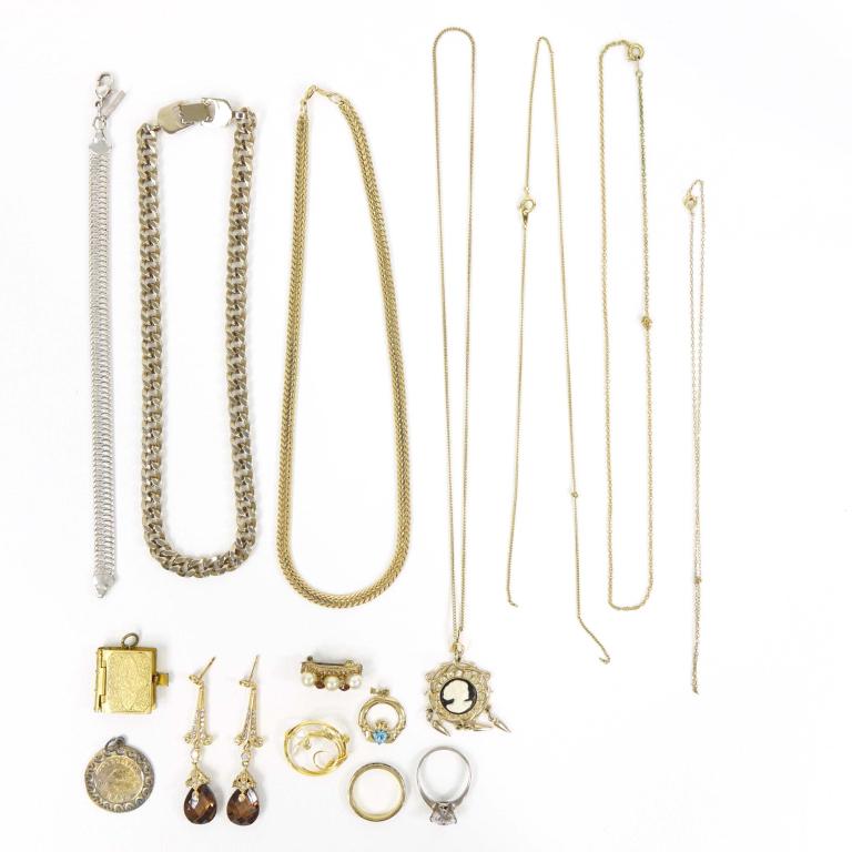 Fashion, Gold Filled, & Sterling Jewelry Lot: Earrings and ring are sterling. Locket is likely gold filled. Sol D'Or Celtic Jewelry.
