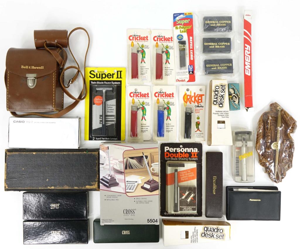 Pens, Lighters, Razors, MicroComputer, Drafting...: Assortment Of Vintage Pen's, Lighters & Shaving Razors. Also includes vintage Schick Super II razors, Gilette Cricket Disposable Lighter, Casio MQ-2 Micro Computer & an engineers drafting kit!