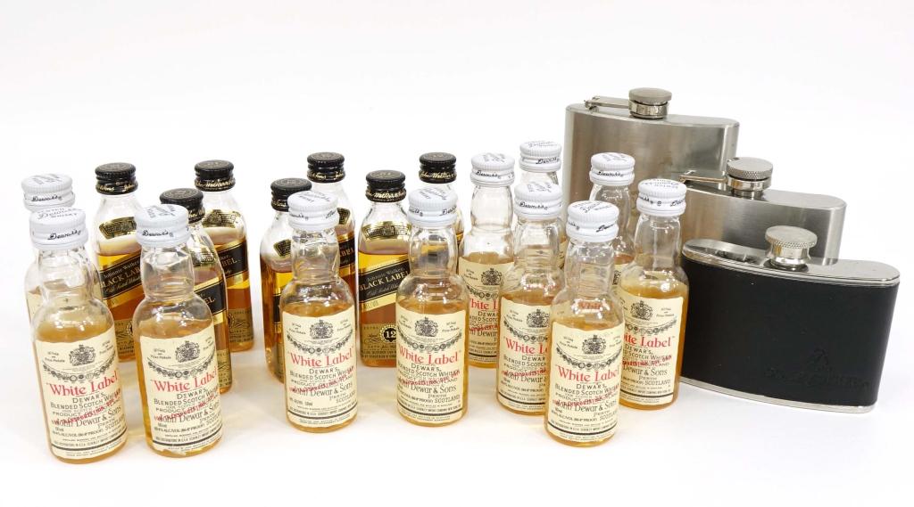 Dewar: ***IF YOU MAY NEED SHIPPING PLEASE CALL US BEFORE BIDDING ON BOTTLES. 847-625-0555*** Johnnie Walker (Black), Dewar's (White), and three flasks.