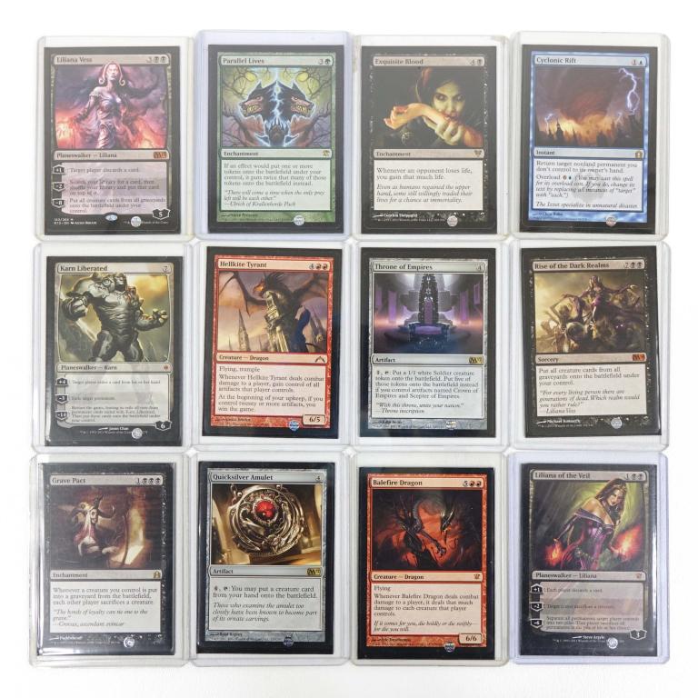 (12) Magic: The Gathering Cards (VERY RARE): (12) Magic: The Gathering Cards (VERY RARE). Includes Liliana of the Veil, Karn Liberated, Parallel Lives, Exquisite Blood, Cyclonic Rift, Liliana Vess, Balefire Dragon, Hellkite Tyrant, Grave Pact, T