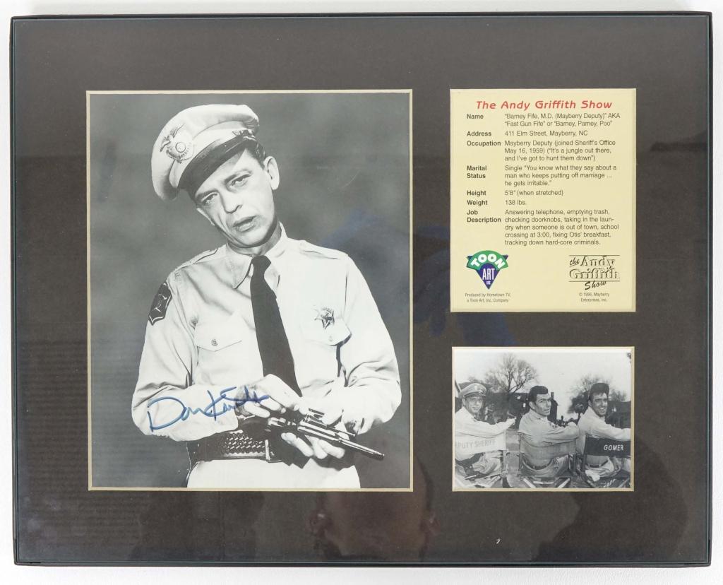 Don Knotts Signed Photo (Barney Fife) w/ COA: Framed Don Knotts Signed Photo (Barney Fife). Known for his role on the Andy Griffith Show Barney Fife played the deputy. Framed 14x11". NOTE: Photos added 3/27 at 4:45am. Limited, numbered signed pho