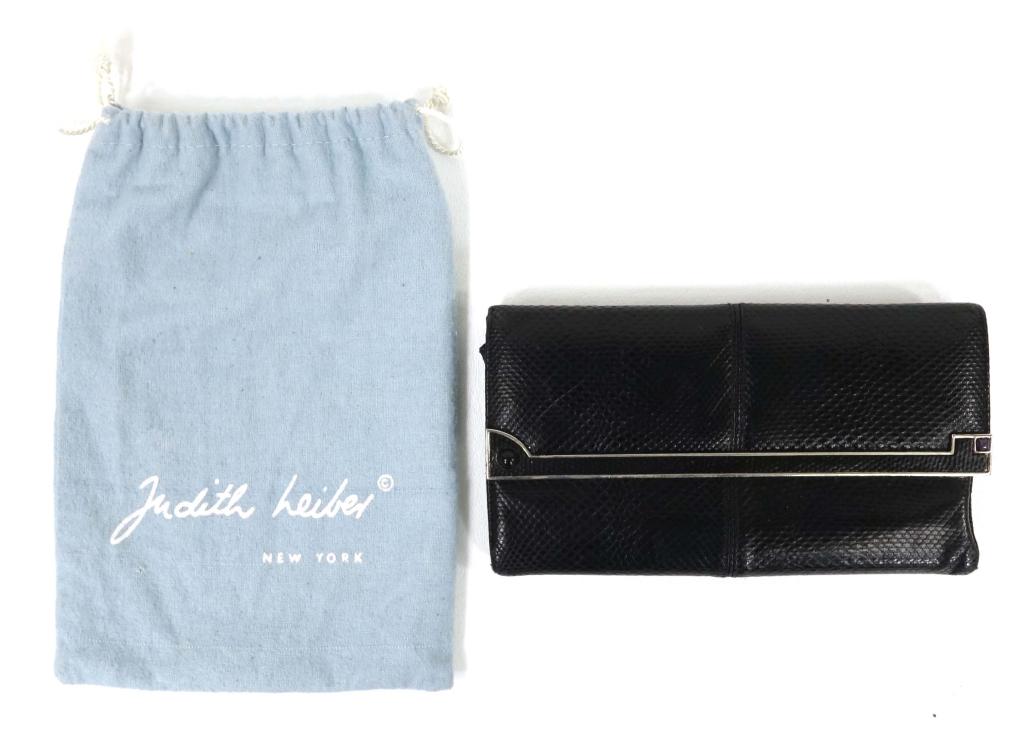 Judith Leiber Black Wallet / Clutch Purse: Tears in fabric inside change compartment. With dustbag.