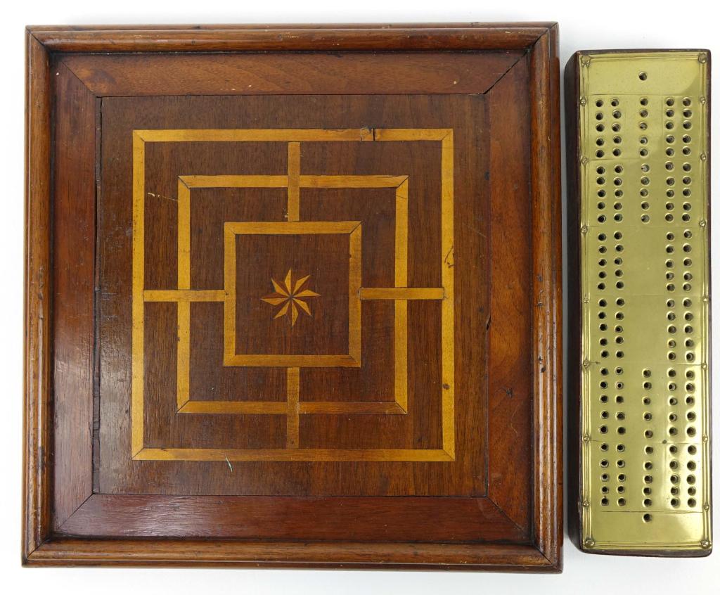19th c. Folk Art Cribbage / Checkers / Game Board: Brass and hardwood cribbage board with mixed wood checkers/ chess board. With Nine Mens Morris on the other side. Also called Cowboy Checkers. 12.5" long.