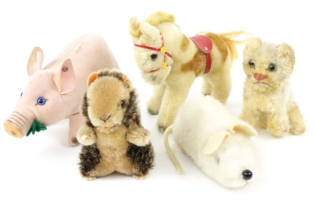 Steiff "Mini" Stuffed Animals (5): Steiff - Pig, Moose, Cat, Beaver and Pony.