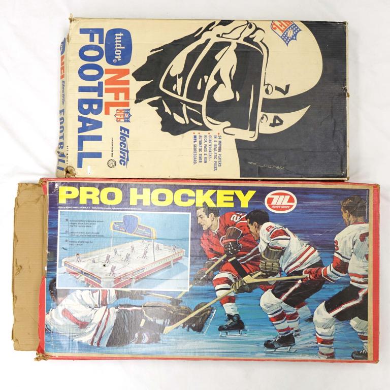 Vintage Electric Hockey & Football Tables: Vintage Electric Hockey & Football Tables. Includes a Pro Hockey Micro Games table & a Tudor NFL Electric Football table. They're both still in their original boxes, however the boxes have been opened
