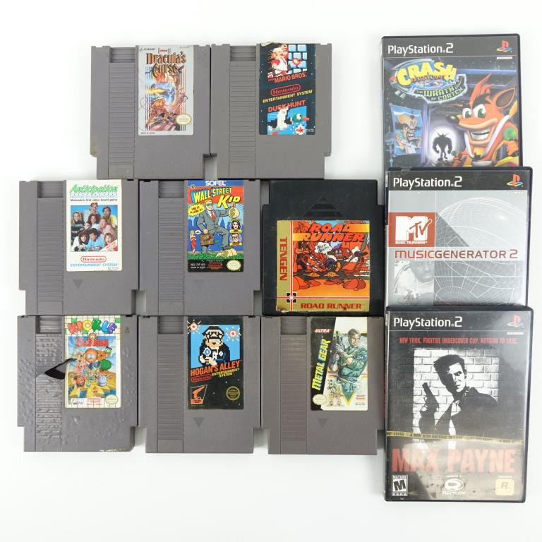(7) NES & (3) PS2 Games!: (7) NES & (3) PS2 Games! Includes (7) NES games including Road Runner, Hogan's Alley, Anticipation, Dracula's Curse, Wall Street Kid, Metal Gear, Super Mario Bros & Duck Hunt. Also includes (3) PS2 ga