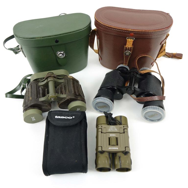 Three Pairs of Binoculars: Yashica 8x40, 6.5 degree, with case, cups and cloth. Eschenbach- Ranger 8x30. Tasco 10x25.