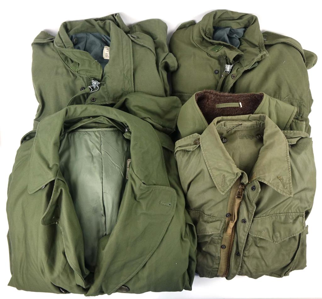 (5) US Army Coats: Three jackets, one vest and one overcoat. All various sizes. All appear in good condition.