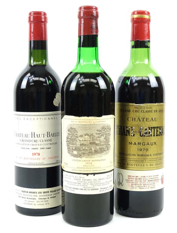 Three Bottle Wine Lot: *** IF YOU'RE NEW TO US AND MAY NEED SHIPPING PLEASE GIVE US A CALL BEFORE BIDDING ON BOTTLES! 847-625-0555 *** Three bottles of wine. Chateau Brane-Cantenac (1979), Chateau Haut-Bailly (1978), and Ch