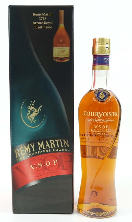 Remy Martin & Courvoisier VSOP Congnac Bottle: *** IF YOU'RE NEW TO US AND MAY NEED SHIPPING PLEASE GIVE US A CALL BEFORE BIDDING ON BOTTLES! 847-625-0555 *** Remy Martin: 40%, 700ml and box is sealed, with 50ml Accord Royal in box. Courvoisier VS