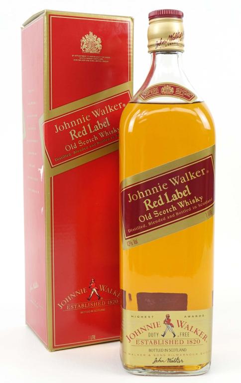 Johnnie Walker Red Label Whisky Bottle: *** IF YOU'RE NEW TO US AND MAY NEED SHIPPING PLEASE GIVE US A CALL BEFORE BIDDING ON BOTTLES! 847-625-0555 *** Johnnie Walker Red Labe Whisky Bottle: 43%, 1L and sealed in box.