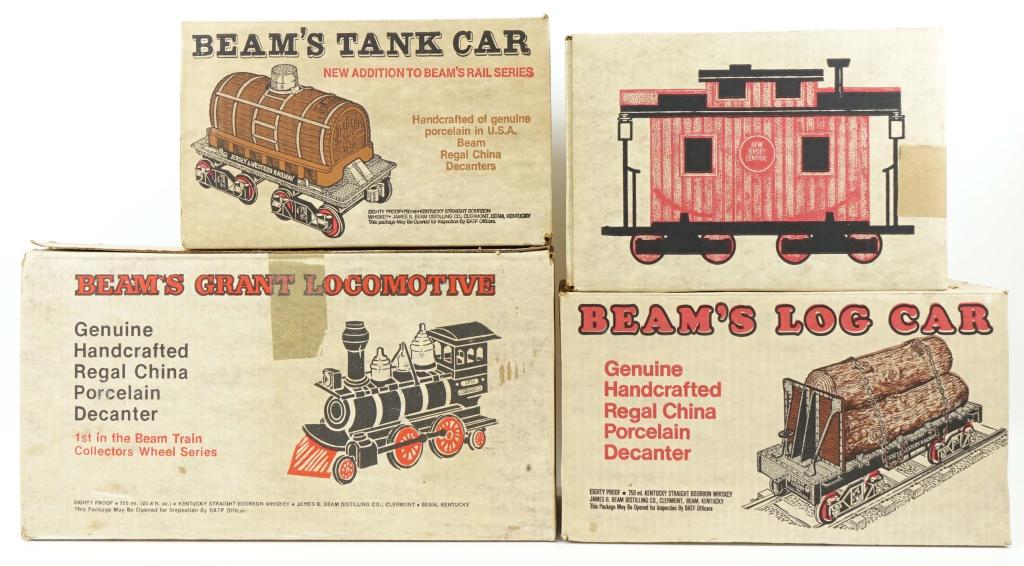 (4) Beam Decanters: *** IF YOU'RE NEW TO US AND MAY NEED SHIPPING PLEASE GIVE US A CALL BEFORE BIDDING ON BOTTLES! 847-625-0555 *** Beam Red Caboose, Beam's Grant Locomotive, Beam's Log Car, and Beam's Tank Car. All are 
