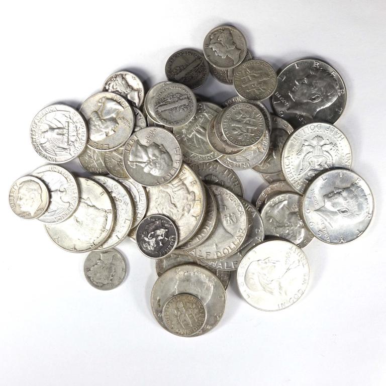 Eclectic U.S. Silver Coin Lot (A LOT of Silver): 1926-s Peace silver dollar ** Franklin half dollars (5) ** 1964 Kennedy half dollars (5) ** 40% silver Kennedy half dollars (3) ** pre-1965 Washington quarters (18) ** pre-1965 Roosevelt dimes (10) **