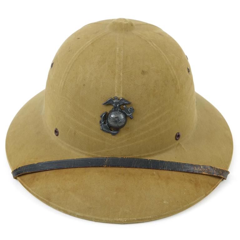 WWII USMC Marine Corps Helmet: WWII USMC Marine Corps Hawley Pith Helmet, early helmet with leather chinstrap strap, faintly marked Hawley Products, Co., and date 1940.