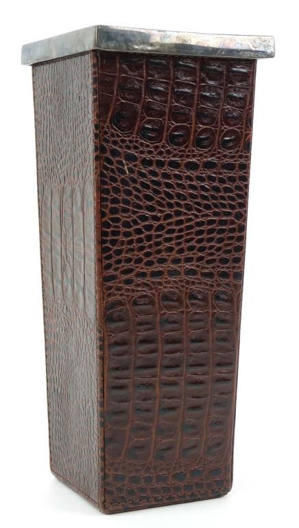 Argentinian Silver Plate + Leather Vase: 4.25" x 4.25" x 10.25".