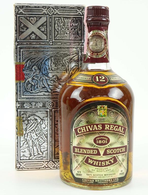 Chivas Regal Scotch Whisky Bottle: *** IF YOU NEED SHIPPING AND ARE NEW TO US PLEASE GIVE US A CALL BEFORE BIDDING ON BOTTLES! 847-625-0555 *** 86 proof, 4/5 qt and sealed with box.