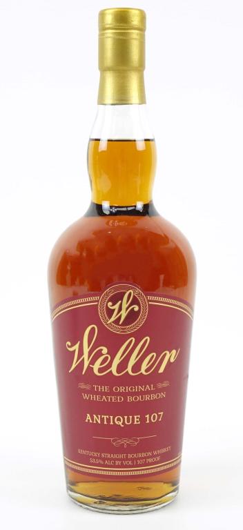 Weller Antique 107 Wheated Bourbon Bottle: IF YOU MAY NEED SHIPPING YOU MUST SPEAK WITH IAN BEFORE BIDDING ON BOTTLES. Good fill, sealed. 107 proof, 750 ml.
