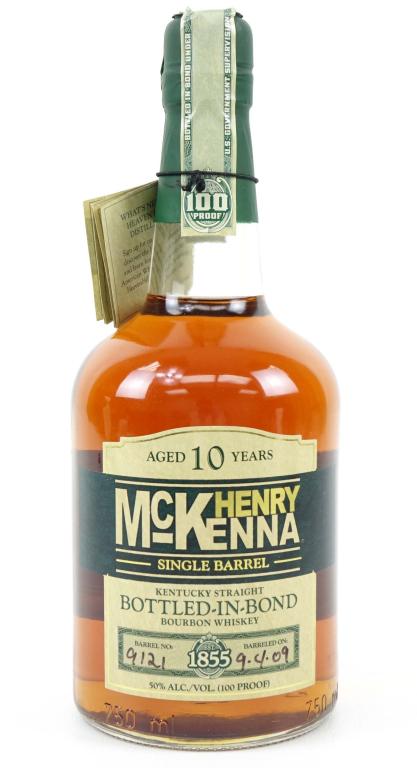 2009 10-Year 100 Proof McKenna Whiskey Bottle: IF YOU MAY NEED SHIPPING YOU MUST SPEAK WITH IAN BEFORE BIDDING ON BOTTLES. Bottled in Bond. Barrel No. 9121, barreled 9-4-09. Full and sealed. 100 proof. 750 ml.