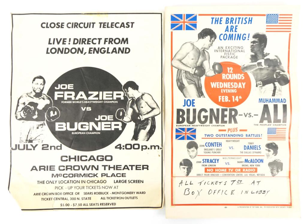 1973 Ali vs Bugner Closed Circuit Poster: 1973 Ali vs Bugner Closed Circuit Poster (15x23). Also includes a Frazier vs Bugner Closed Circuit Poster also from 1973. Both posters have noticeable damage and creases in them. Unfortunately, the Al