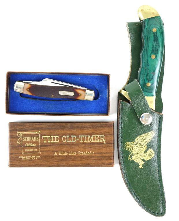 Schrade Cutlery + Frost Cutlery Knives: Schrade Cutlery + Frost Cutlery Knives. The Frost Cutlery knife has a 5" blade and the entire knife is around 10". The Schrade Cutlery knife is called "The Old-Timer" with a 4" blade and 8" total leng