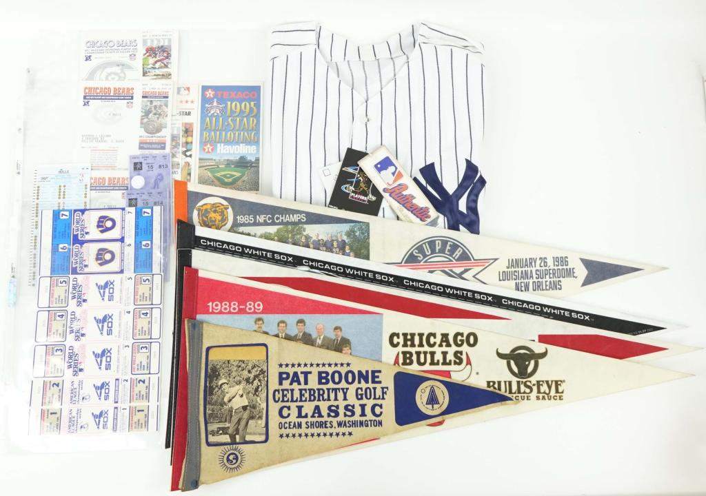 Sports Pennants, Memorabilia & Tickets!: Sports Pennants, Memorabilia & Tickets! Includes vintage pennants like 1988-1989 Chicago Bulls, 1985 NFC Champs Super Bowl Chicago Bears, 2005 World Series Champion Chicago White Sox, Chicago Blackhaw