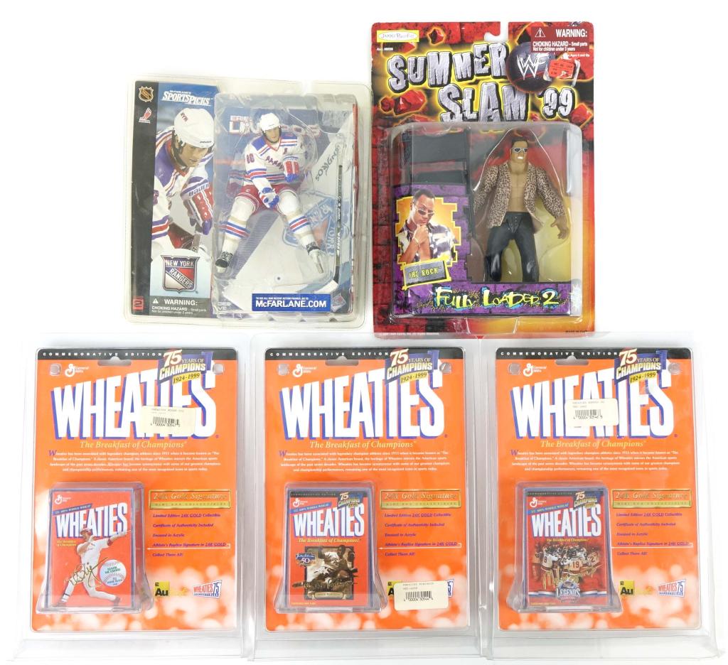 Wrestling & Sports Collectibles!: Wrestling & Sports Collectibles! Includes (3) Wheaties 24K Gold Signature Collectable boxes (Mark McGwire, 1980 USA Hockey & Jackie Robinson), Eric Lindros action figure & a Summer Slam 99 Fully Loade