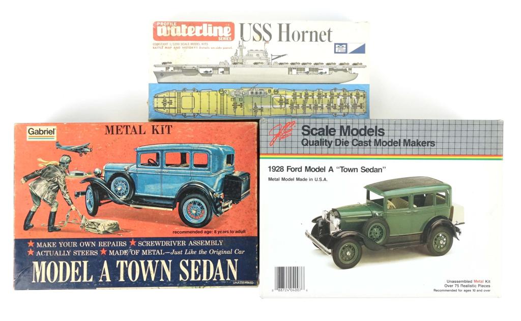 NOS Model Kits (3): USS Hornet 1/1200 scale model kit by Waterline - General Mills Fun Group, sealed in plastic. 1928 Ford Model A Town Sedan, unassembled die cast metal model, appears complete. 1975 Gabrid Model A Town 