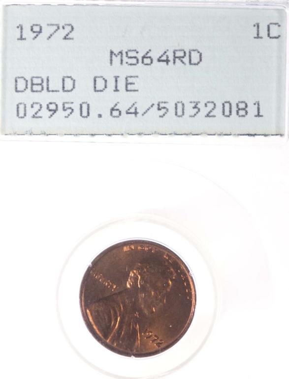 1972 Lincoln Cent - DDO (PCGS MS64 RD): 1972 Lincoln cent showing double die obverse error, graded by PCGS as MS64, Red. Coin is in a generation 1.2 (1986-89) PCGS holder.