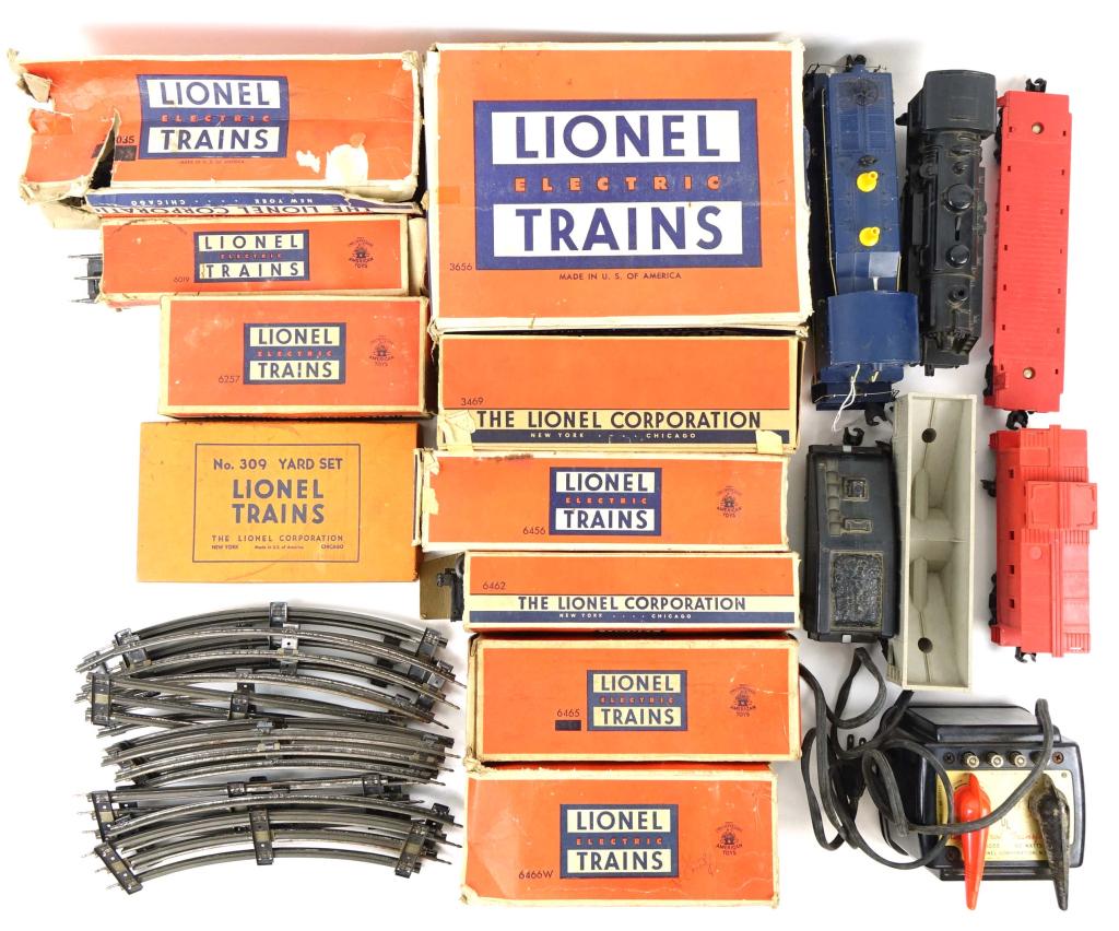 Lionel Electric Trains - Assorted O Scale: Nos. 3656, 6465, 6019, 3469, 6462, 6456, 2035, 6257, 6466W. Yard set No. 309, Chesapeake & Ohio No. 624 Engine. Track and misc. cars. No. 1062 steam engine. Boxes show wear. Transformer type 1033, 90