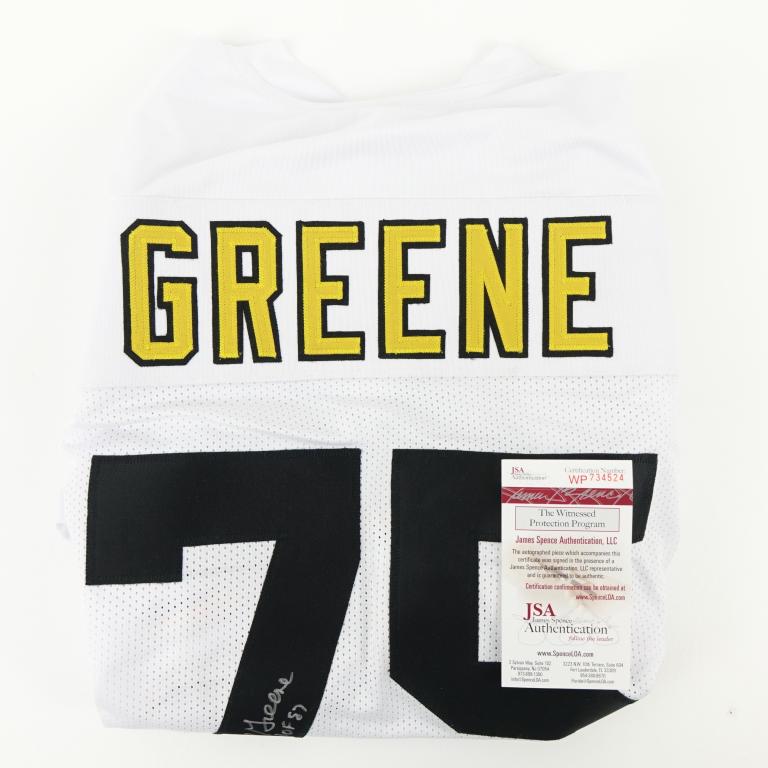 Signed "Mean" Joe Greene Jersey (JSA): Signed "Mean" Joe Greene Jersey (JSA COA). One signed jersey (Pittsburgh Steelers) authenticated by JSA. Does not include Tommy Okon, white towel or ice cold bottle of Coca-Cola.